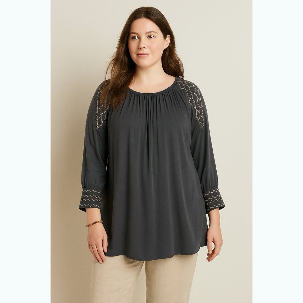 J. Jill Boho Gray Embroidered Tunic Top Women’s 1X 3/4 Sleeves Artisanal Boho